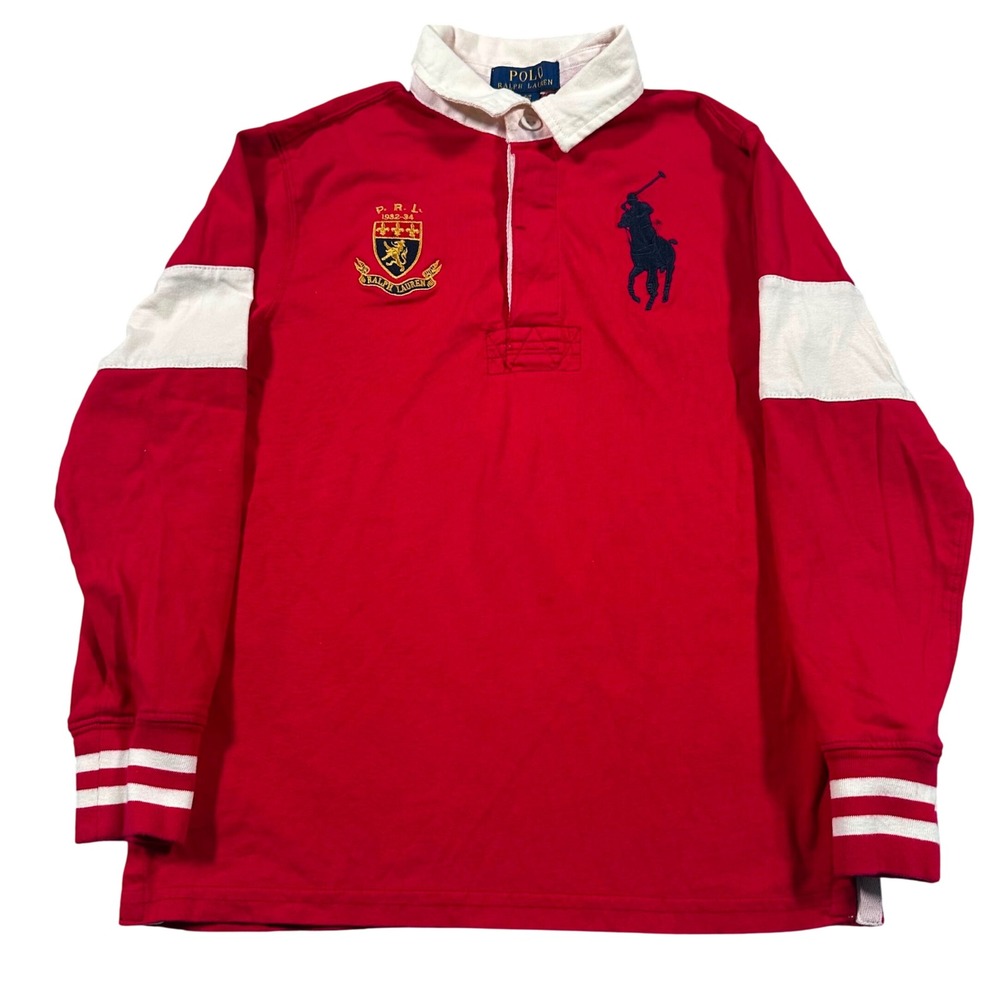 Polo Ralph Lauren Rugby Shirt Kids S/8 Red Big Pony Crest Long Sleeve Collegiate